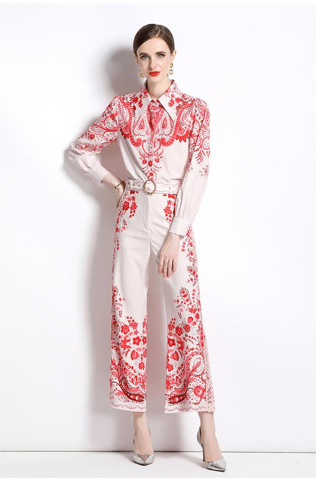 Women's Printed Temperament Two-Piece Suit Long-Sleeved Shirt and High-Waisted Flared Trousers