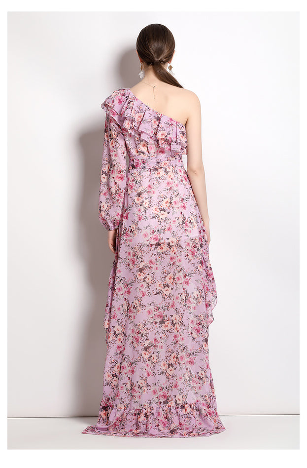 Resort Style Printed Temperament Oblique Shoulder Irregular Long-Sleeved Lotus Leaf Dress