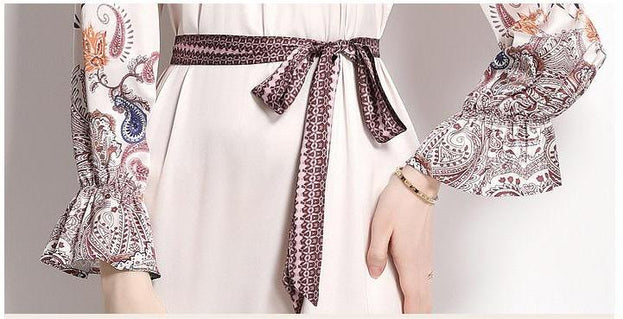 Satin Antique Print Stand Collar Flared Sleeves Lace-Up Waist Pulled into Long Skirt