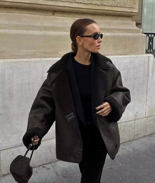 Spring and Autumn Fashionable Casual Fur One-Piece Lapel Double-Sided Jacket for Women