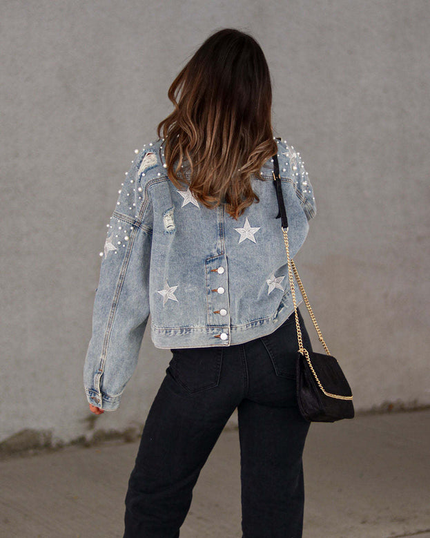 Spring Fashion Casual Loose Heavy Beaded Long Sleeve Denim Jacket for Women