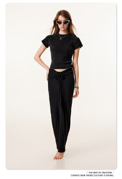 Summer Retro Round-neck Short-sleeved Crop Navel Maillard Color TOP