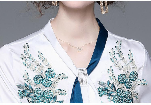Women's Fashion Applique Embroidery Long-Sleeved Shirt and Mid-Length Skirt Two-Piece Set