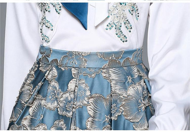 Women's Fashion Applique Embroidery Long-Sleeved Shirt and Mid-Length Skirt Two-Piece Set
