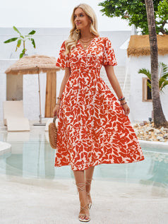 Summer V-Neck Waisted Printed Short Sleeve Dress for Women