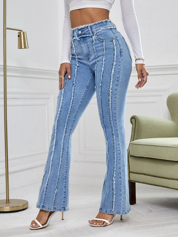 Fashionable and Versatile High-waisted Denim Pant with Slightly Flared Edges for Women
