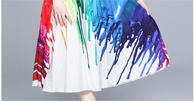 Vintage Print Pleated Short Sleeve Top and Pleated Skirt Fashion Two-Piece Suit