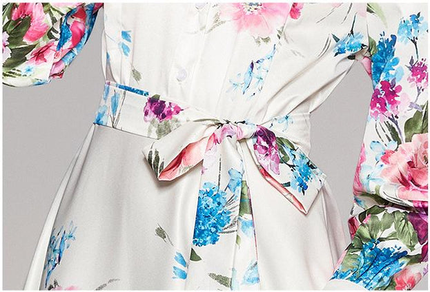 Fashion Waist-Close Thin Belt Positioning Printed Dress