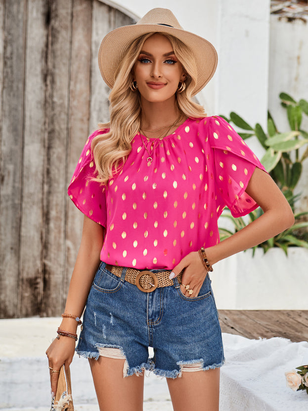 Summer Round-Neck Casual Loose Polka Dots Short Sleeve Top for Women