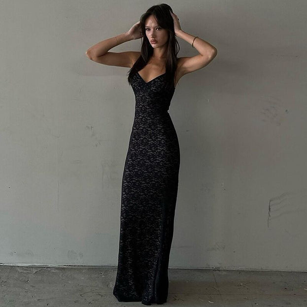 Summer Sexy V-Neck Lace Transparent Slim-Fitting Long Slip Dress for Women