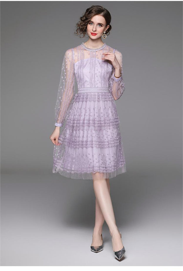 Purple Patchwork Mesh Embroidered Long Sleeve Dress