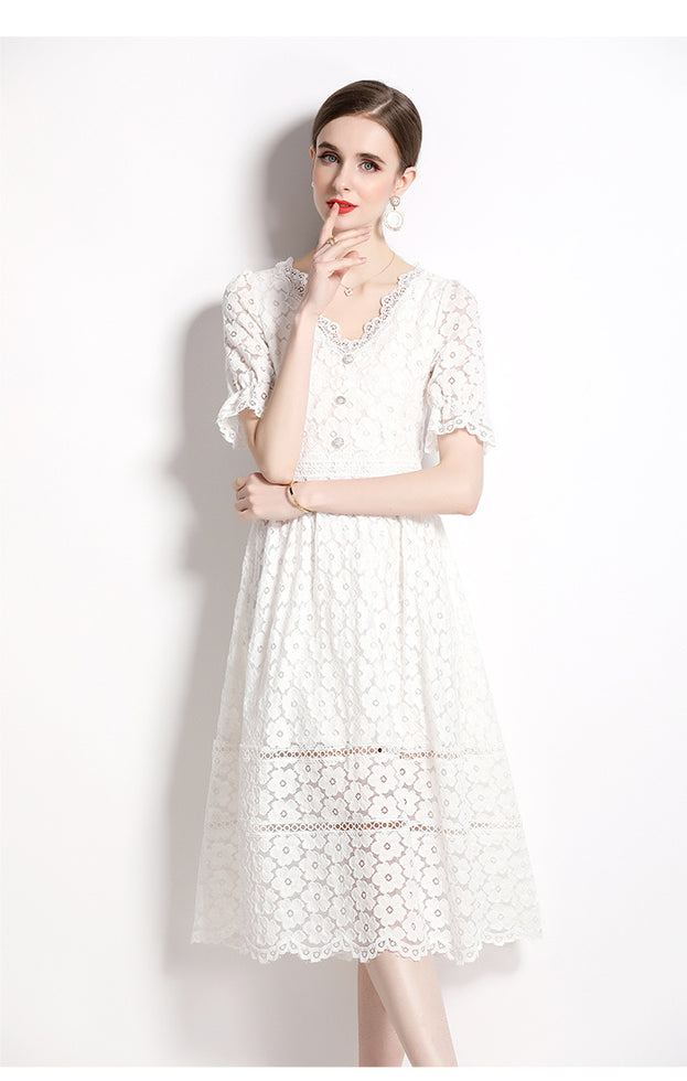 Elegant Slim Short Sleeve V-Neck Mid-Length Lace  Dress