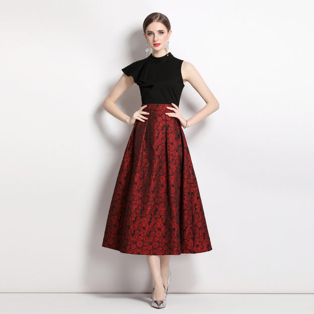 Vintage Stand-Up Collar Peplum Slim Slim Patchwork Jacquard Long Skirt Dress