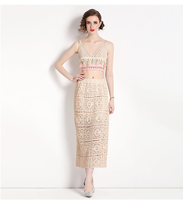Hook Flower Embroidery Hollowed Out Short Style Suspender Top and Bag Hip Skirt Two-Piece Set