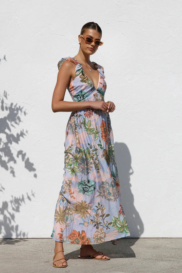 Summer Printed V-Neck Waisted Flowy Holiday-Style Slip Dress for Women