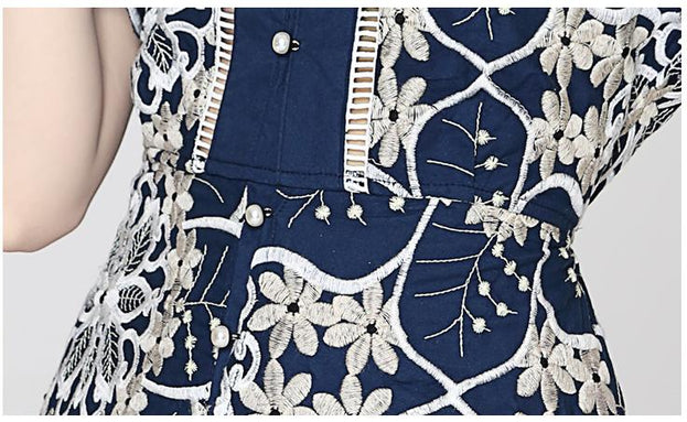 Temperament Elegant V-Neck Short Sleeve Embroidered Wide Leg Shorts Fashion Casual Jumpsuit