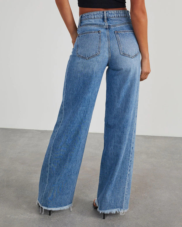 Summer Fashion Versatile Wide-Leg Washed Denim Pant with Frayed Edges for Women