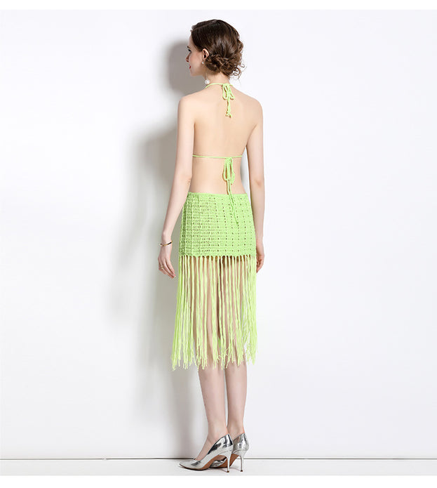 Leisure Vacation Sexy Knitted Suspender Vhest Erase and Tassel Short Skirt Two Piece Suit