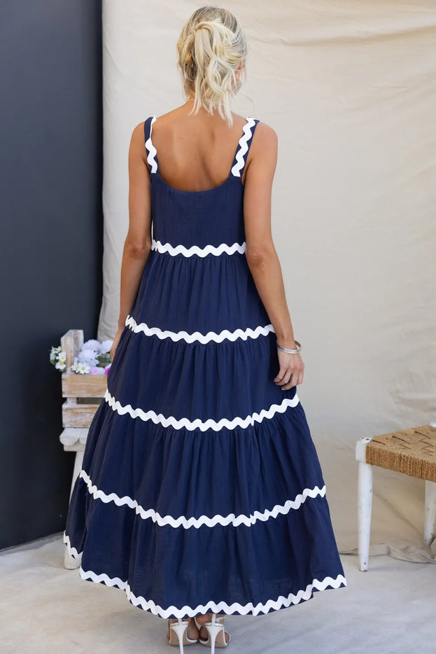 Summer Casual Square-Neck Colour-Blocking Loose Long Slip Dress for Women