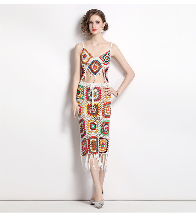 Tassel Hook Flower Knitted Suit Women's Halter Vest and Half Skirt Two-Piece Set