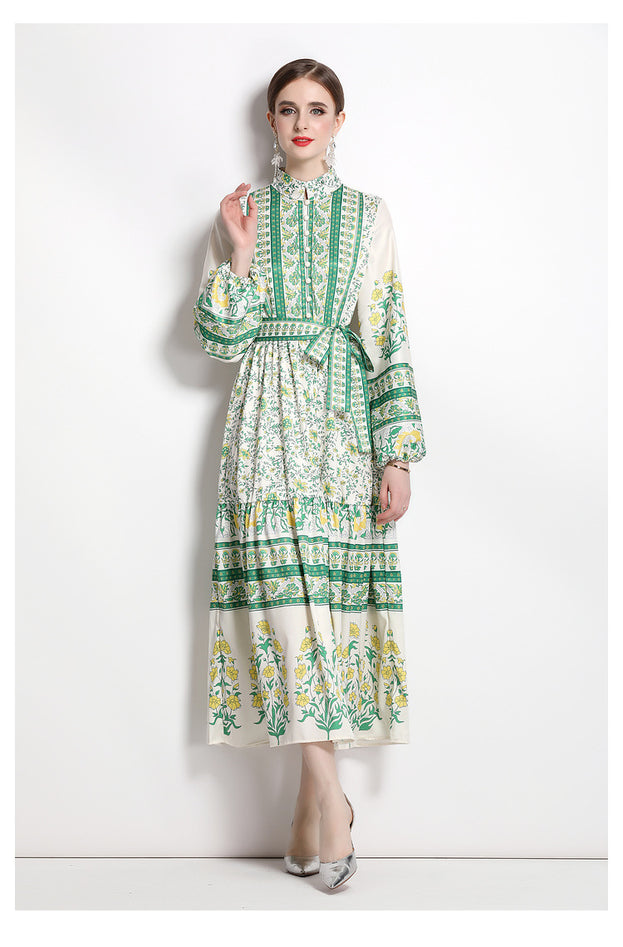 Fashion Retro Slimming Waist Collection Printed Temperament Full-Length Skirt Dress