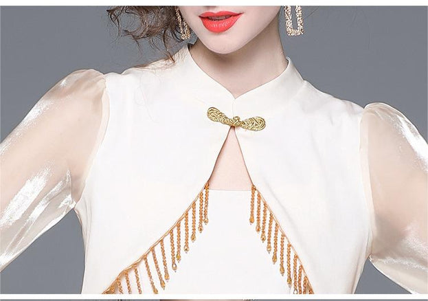 Fashion Temperament Chinese Retro Waist Slimming Long-Sleeved Dress
