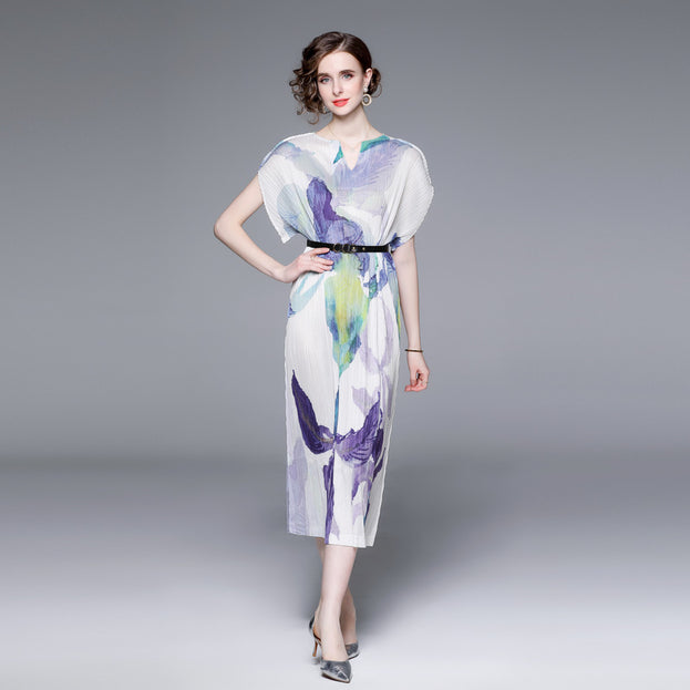 Elegant Temperament V-Neck Printed Pleats Dress
