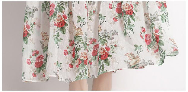 Stand Collar Lantern Long Sleeve Pleated Waist Tucked Large Swing Long Dress Skirt Chiffon Print Dress