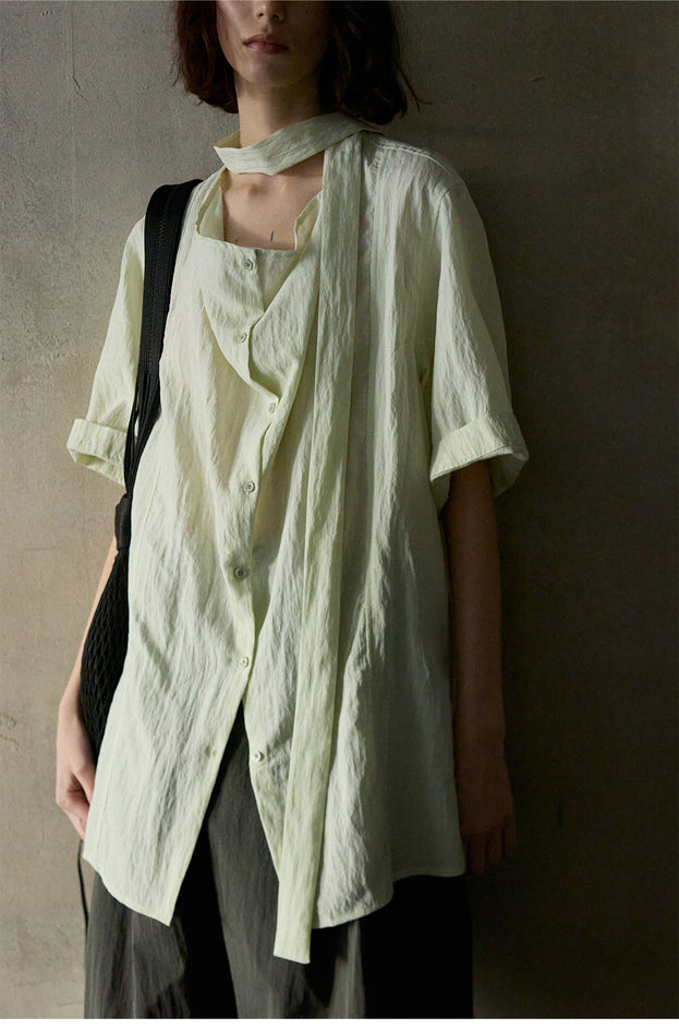 Tencel Ribbon Swing Collar Short-Sleeved Shirt, Soft Women's Blouse