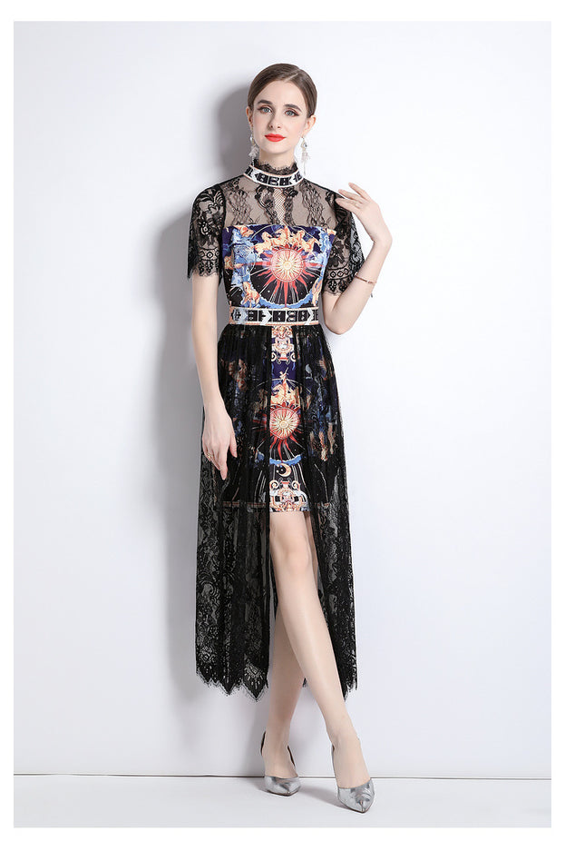 Vintage Temperament Lace Patchwork Printed Stand Collar Short Sleeve Long Skirt Dress