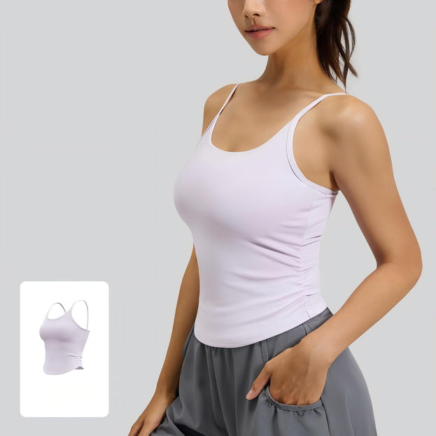 Waist-Closing Pleated Sports Top with Built-in Cups