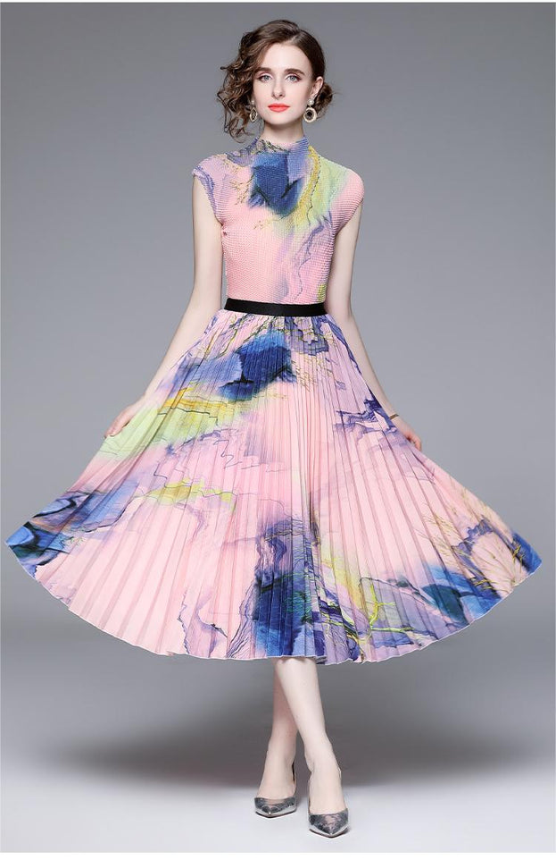 High Stretch Top and Printed Pleated Skirt Two-Piece Suit