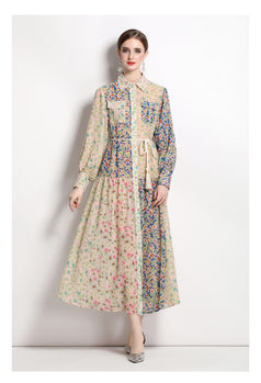 Fashion Resort Style Lapel Lantern Long-Sleeved Collision Color Print Dress