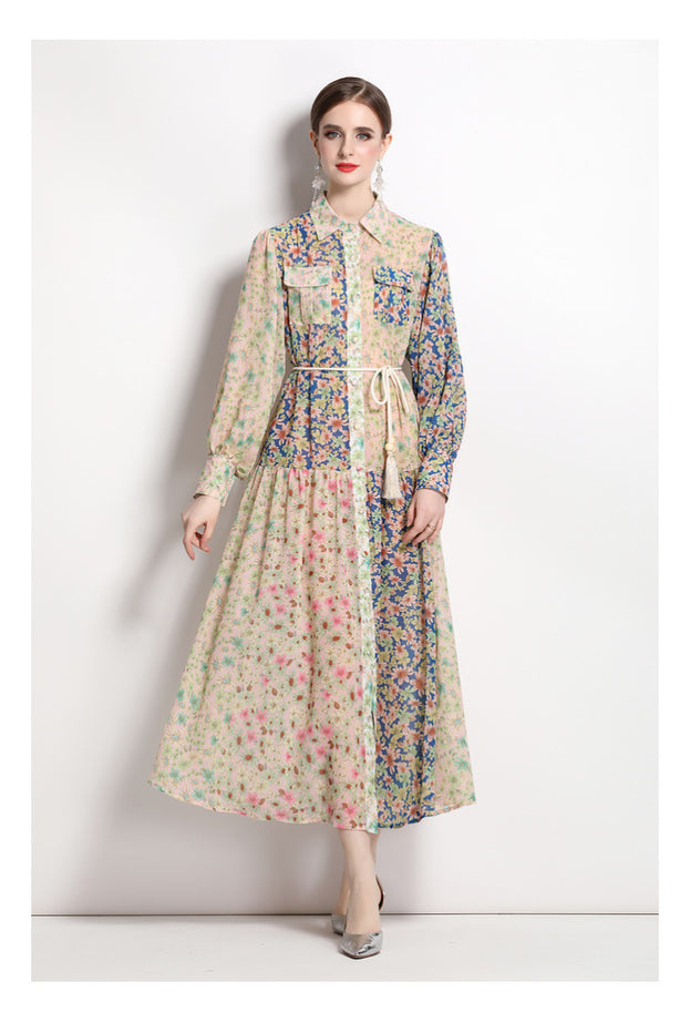 Fashion Resort Style Lapel Lantern Long-Sleeved Collision Color Print Dress
