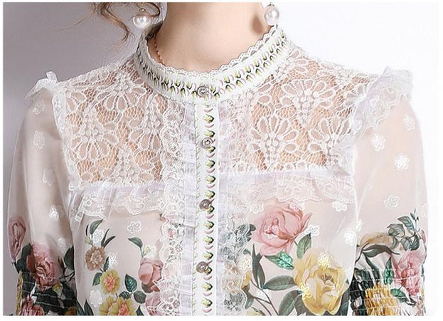 Vintage Lace Short Sleeve Top and Mesh A-Line Printed Half Skirt Suit Skirt