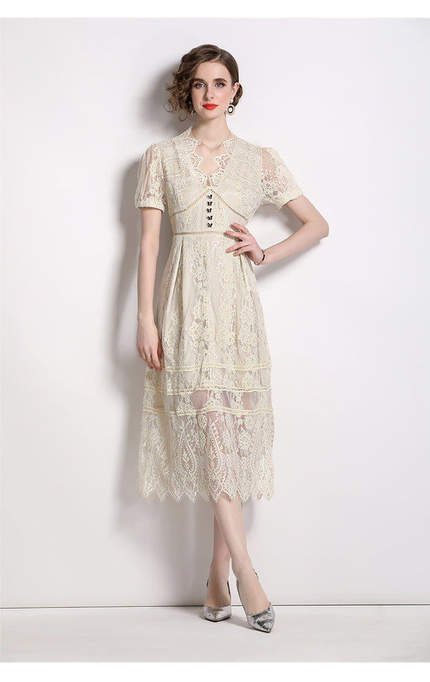 Solid Color Lace V-Neck Short Sleeve Bow Button Long Skirt Dress