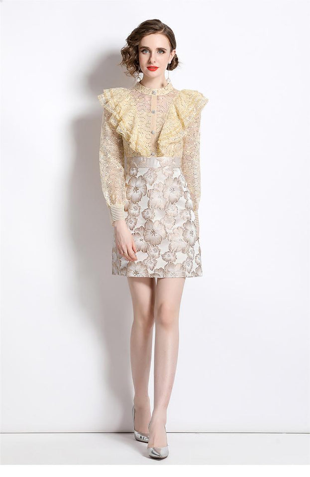 Temperament Lace Patchwork Jacquard Waist slimming A-Line Skirt Dress
