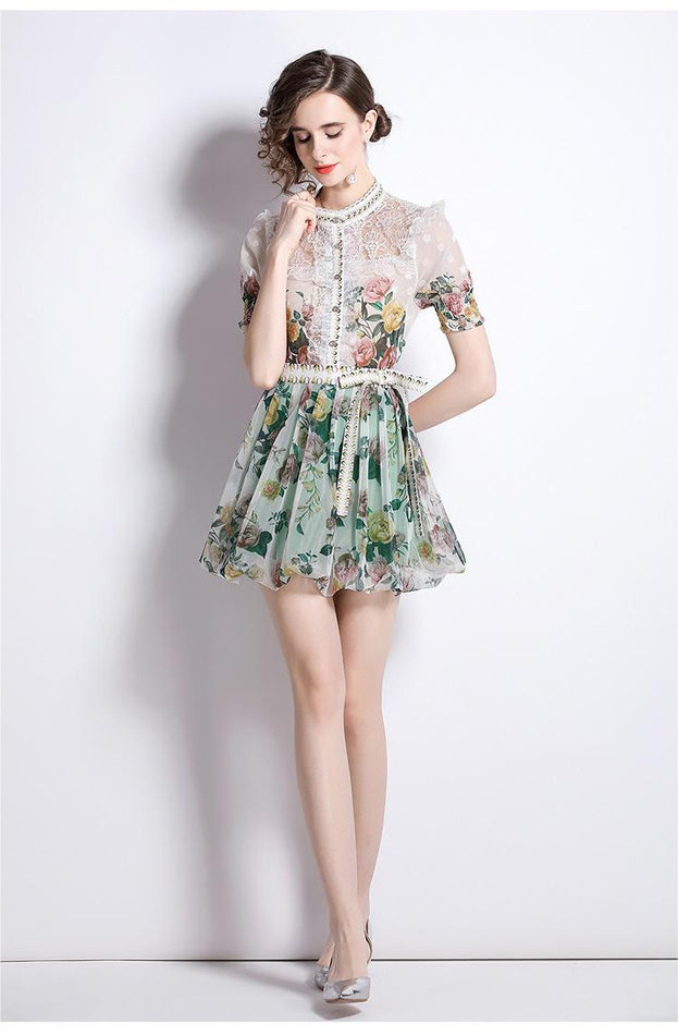 Vintage Lace Short Sleeve Top and Mesh A-Line Printed Half Skirt Suit Skirt