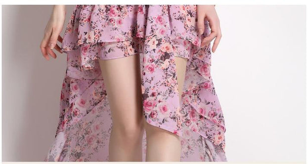 Resort Style Printed Temperament Oblique Shoulder Irregular Long-Sleeved Lotus Leaf Dress