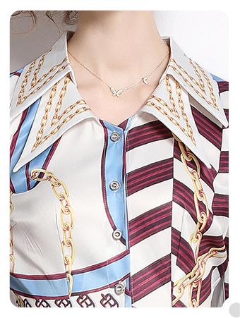 Fashion Vintage Print Dress Lapel Long-Sleeved Temperament Slim MIDI