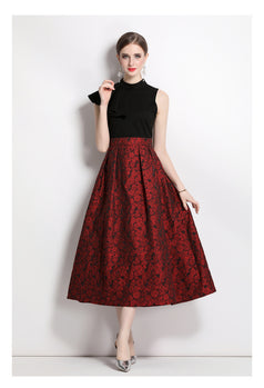 Vintage Stand-Up Collar Peplum Slim Slim Patchwork Jacquard Long Skirt Dress
