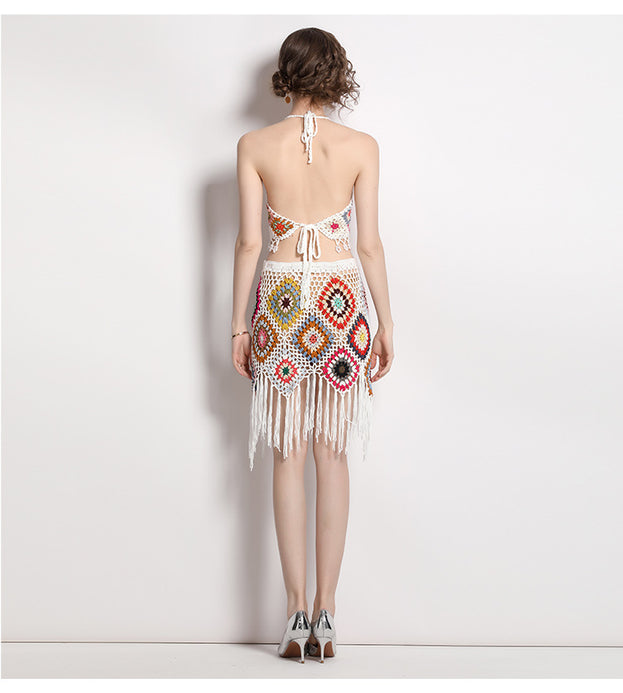 Fashion Suit Female Hook Flower Knitted Bump Color Suspender Vest Two-Piece Set and High Waist Tassel Skirt