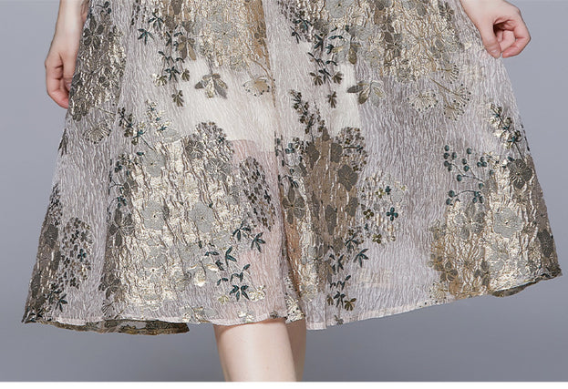 Fashion Retro Long-Sleeved Mesh Stitching Large Swing Mid-Length Dress