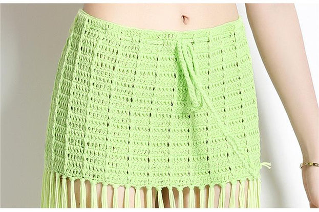 Leisure Vacation Sexy Knitted Suspender Vhest Erase and Tassel Short Skirt Two Piece Suit