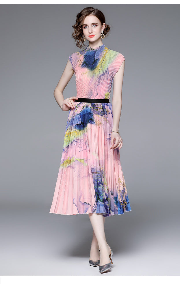High Stretch Top and Printed Pleated Skirt Two-Piece Suit