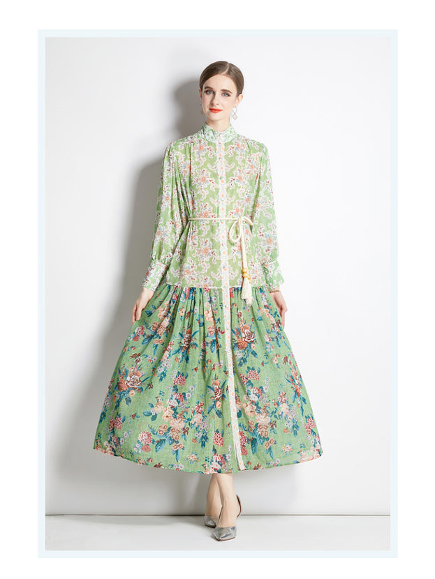 Fashion National Style Retro Stand-up Collar Lantern Sleeve Printed Long Skirt Dress