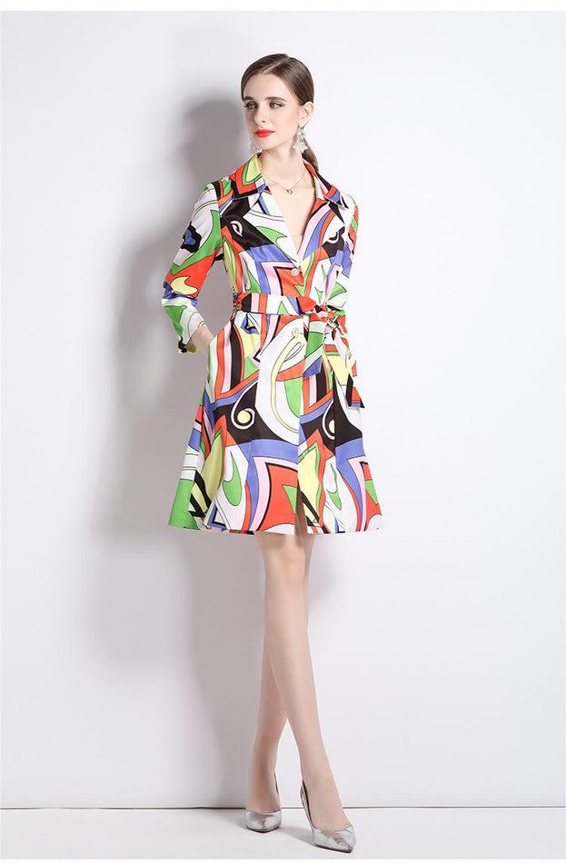 Fashion Printed Suit Collar Coat Temperament Waist Slimming Breasted Mid-Length Trench Coat