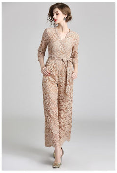 Lace Jumpsuit Women's Autumn Clothes New European and American Sexy V-neck Lace-Up Show Thin Trousers Wide Leg Pants