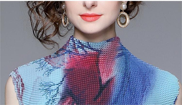 High Stretch Top and Printed Pleated Skirt Two-Piece Suit