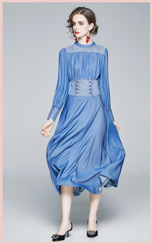 Tencel Denim Dress High Waist Long Sleeve Blue Super Fairy A-Line Skirt